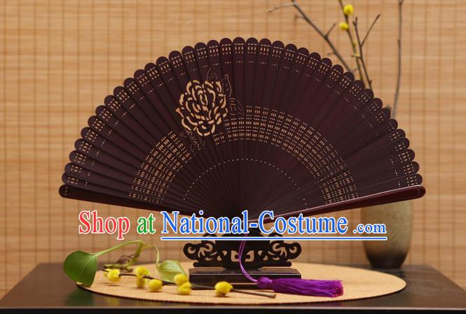 Traditional Chinese Crafts Printing Rose Folding Fan Hollow Out Bamboo Fans for Women