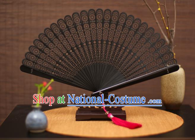 Traditional Chinese Crafts Black Folding Fan Hollow Out Bamboo Fans for Women