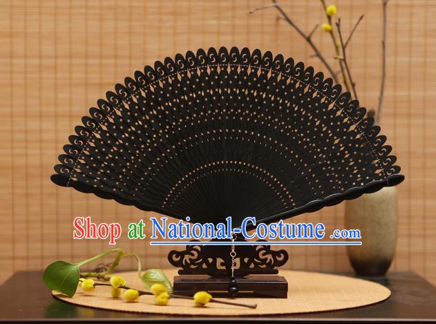 Traditional Chinese Crafts Black Folding Fan Hollow Out Bamboo Fans for Women