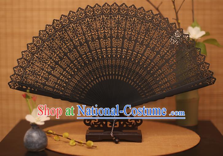 Traditional Chinese Crafts Black Folding Fan Hollow Out Bamboo Fans for Women