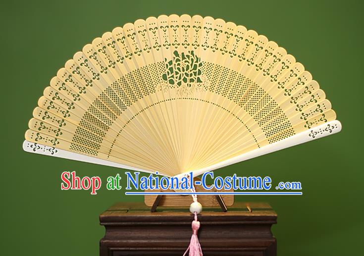 Traditional Chinese Crafts Yellow Folding Fan Hollow Out Bamboo Fans for Women