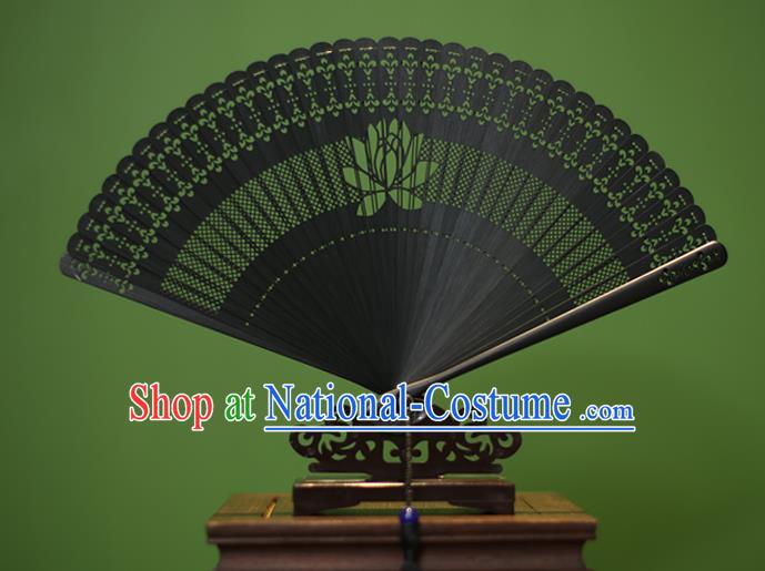 Traditional Chinese Crafts Black Folding Fan Hollow Out Lotus Bamboo Fans for Women