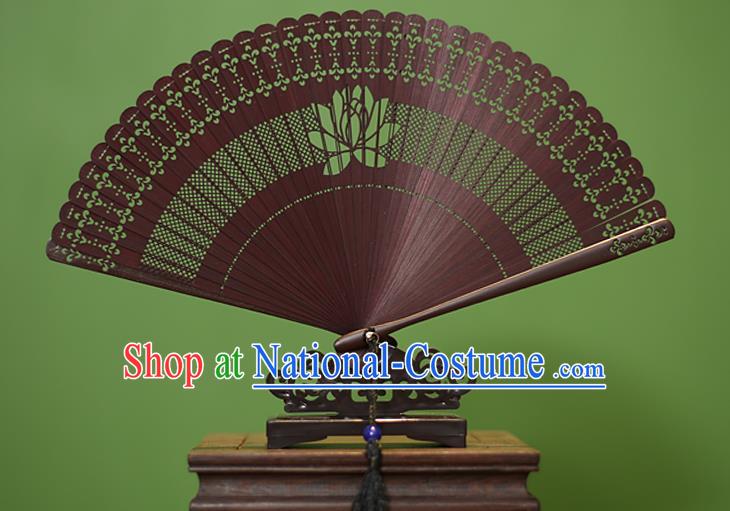 Traditional Chinese Crafts Red Folding Fan Hollow Out Lotus Bamboo Fans for Women