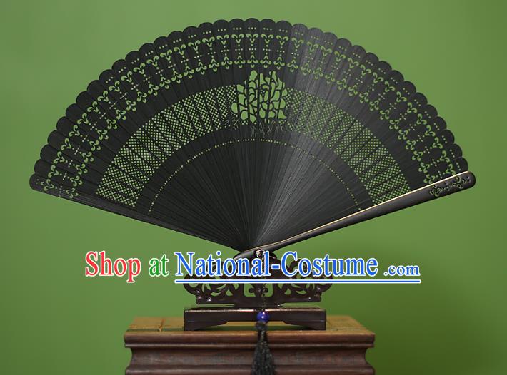 Traditional Chinese Crafts Black Folding Fan Hollow Out Peony Bamboo Fans for Women