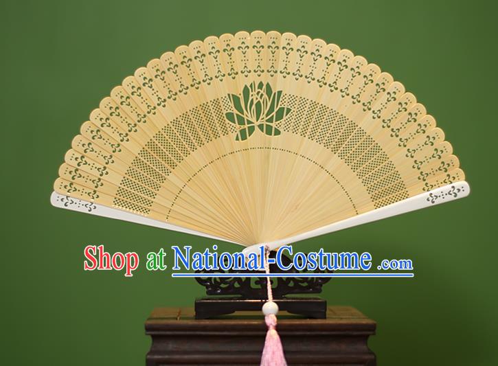 Traditional Chinese Crafts Yellow Folding Fan Hollow Out Lotus Bamboo Fans for Women