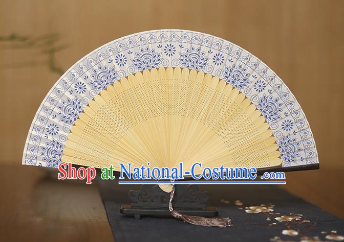 Traditional Chinese Crafts Blue and White Porcelain Silk Folding Fan Sensu Fans for Women