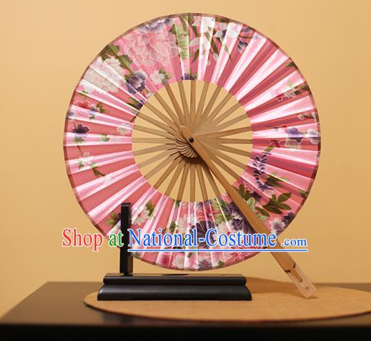 Traditional Chinese Crafts Printing Peony Pink Silk Folding Fan, China Beijing Opera Round Fans for Women