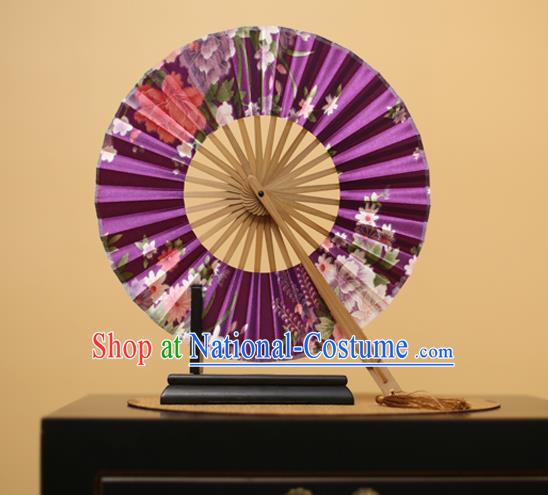 Traditional Chinese Crafts Printing Flowers Purple Silk Folding Fan, China Beijing Opera Round Fans for Women