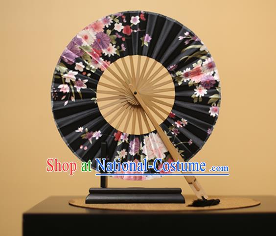 Traditional Chinese Crafts Printing Flowers Black Silk Folding Fan, China Beijing Opera Round Fans for Women