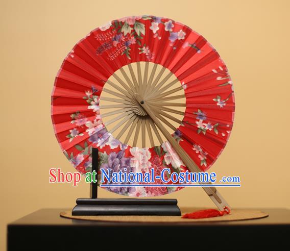 Traditional Chinese Crafts Printing Flowers Red Silk Folding Fan, China Beijing Opera Round Fans for Women