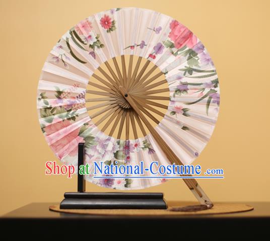 Traditional Chinese Crafts Printing Flowers White Silk Folding Fan, China Beijing Opera Round Fans for Women