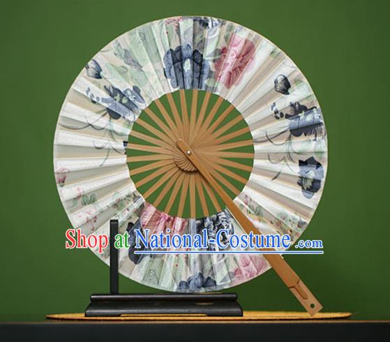 Traditional Chinese Crafts Printing Flowers Silk Folding Fan, China Beijing Opera Round Fans for Women