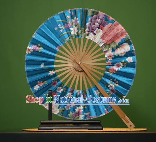 Traditional Chinese Crafts Printing Flowers Blue Silk Folding Fan, China Beijing Opera Round Fans for Women