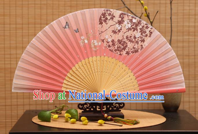 Traditional Chinese Crafts Printing Oriental Cherry Pink Folding Fan, China Beijing Opera Silk Fans for Women