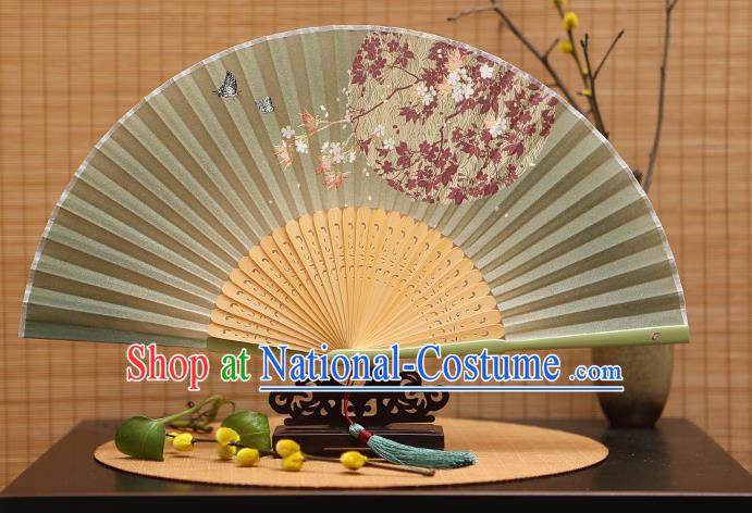 Traditional Chinese Crafts Printing Oriental Cherry Green Folding Fan, China Beijing Opera Silk Fans for Women