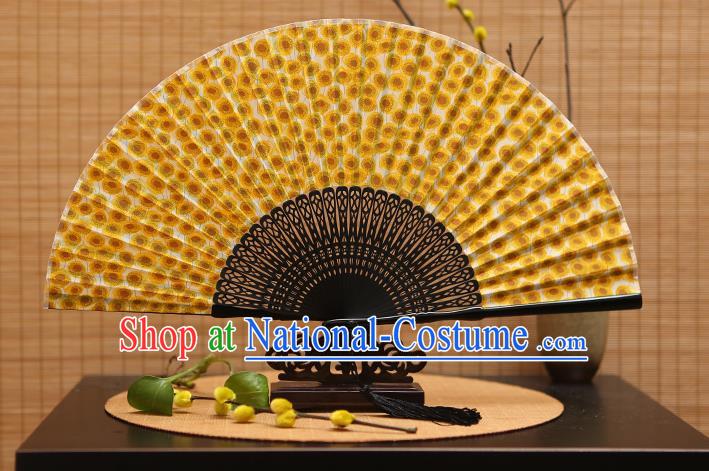 Traditional Chinese Crafts Printing Yellow Folding Fan, China Beijing Opera Silk Fans for Women