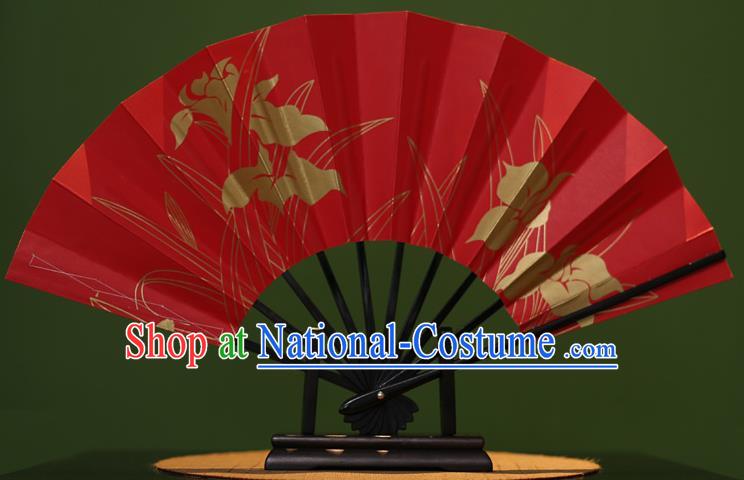 Traditional Chinese Crafts Printing Orchid Red Paper Folding Fan Sensu Fans for Women