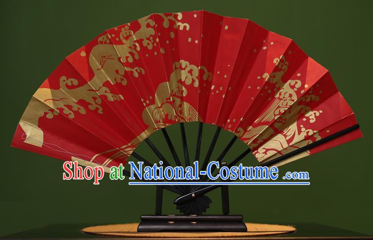 Traditional Chinese Crafts Printing Red Paper Folding Fan Sensu Fans for Women