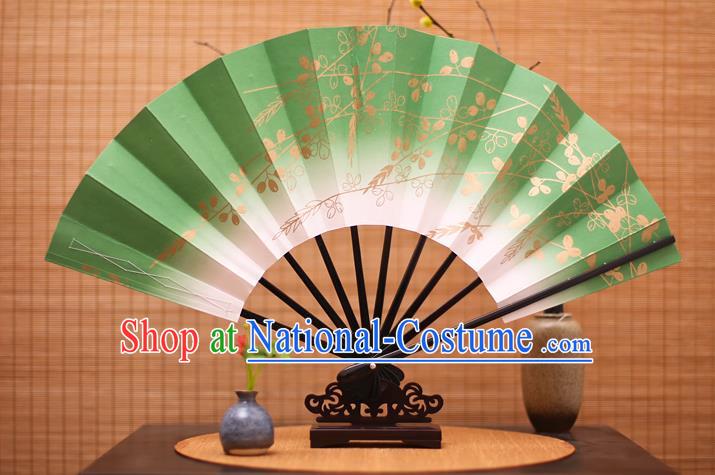 Traditional Chinese Crafts Printing Flowers Green Paper Folding Fan Sensu Fans for Women