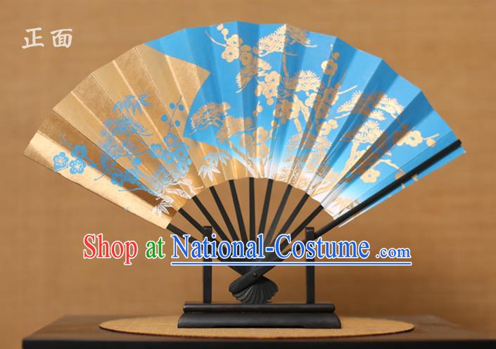 Traditional Chinese Crafts Printing Pineburst Blue Paper Folding Fan Sensu Fans for Women