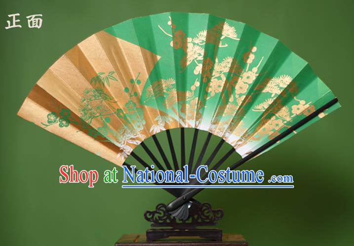 Traditional Chinese Crafts Printing Pineburst Green Paper Folding Fan Sensu Fans for Women