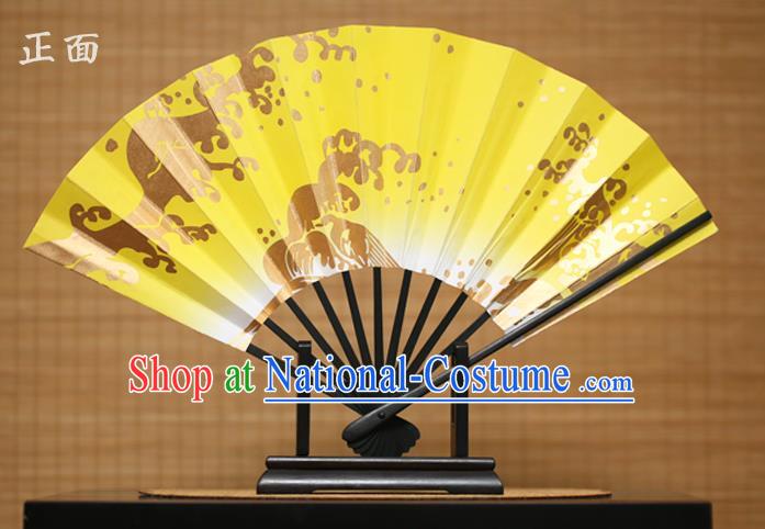 Traditional Chinese Crafts Printing Yellow Paper Folding Fan Sensu Fans for Women