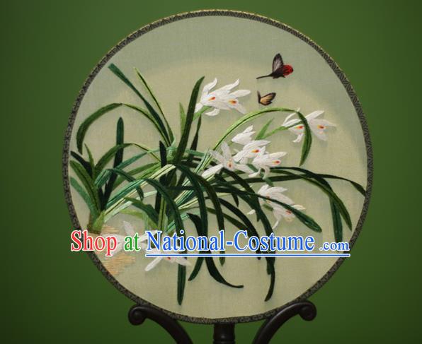 Traditional Chinese Crafts Embroidered Orchid Round Fan, China Palace Fans Princess Silk Circular Fans for Women