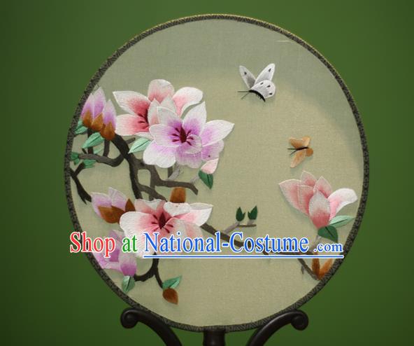 Traditional Chinese Crafts Embroidered Magnolia Round Fan, China Palace Fans Princess Silk Circular Fans for Women