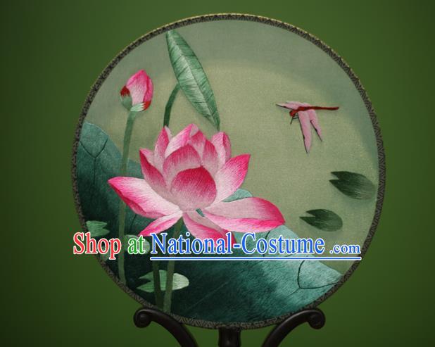 Traditional Chinese Crafts Embroidered Lotus Round Fan, China Palace Fans Princess Silk Circular Fans for Women