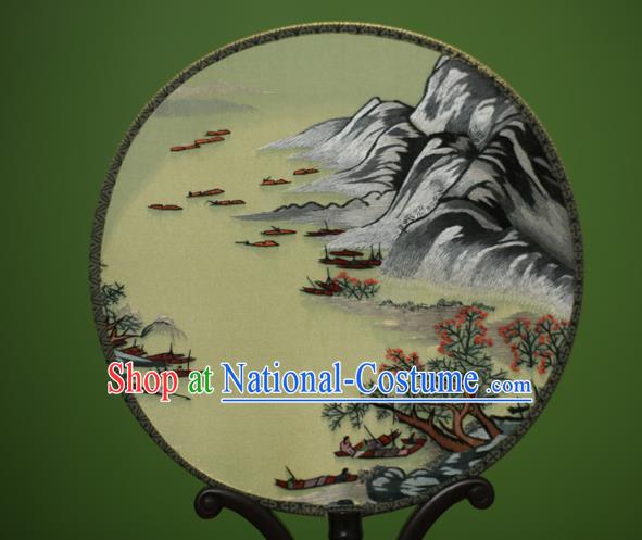 Traditional Chinese Crafts Embroidered Landscape Round Fan, China Palace Fans Princess Silk Circular Fans for Women