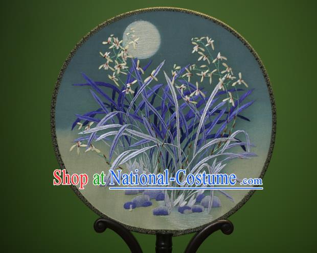 Traditional Chinese Crafts Embroidered Orchid Round Fan, China Palace Fans Princess Silk Circular Fans for Women