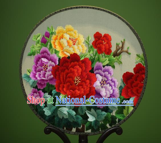 Traditional Chinese Crafts Embroidered Peony Round Fan, China Palace Fans Princess Silk Circular Fans for Women