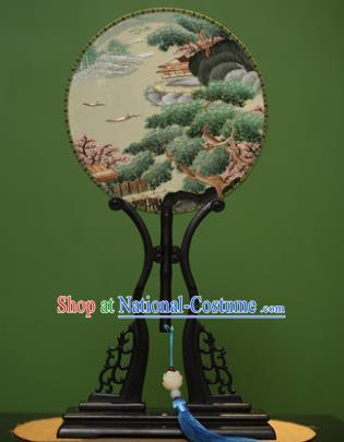 Traditional Chinese Crafts Embroidered Pine Round Fan, China Palace Fans Princess Silk Circular Fans for Women