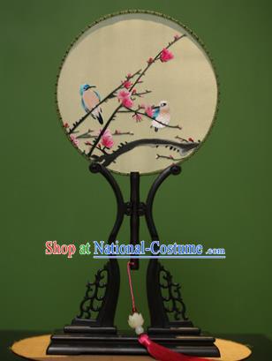 Traditional Chinese Crafts Embroidered Birds Round Fan, China Palace Fans Princess Silk Circular Fans for Women