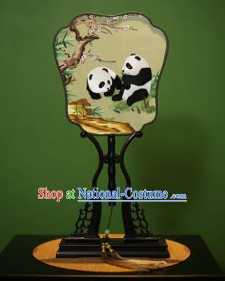 Traditional Chinese Crafts Embroidered Panda Silk Fan, China Palace Fans Princess Square Fans for Women