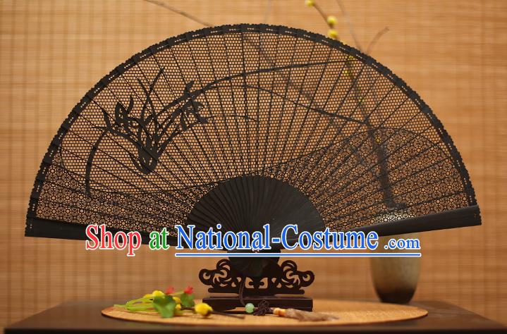 Traditional Chinese Crafts Black Sandalwood Folding Fan, Chinese Hollow Out Orchid Fans Bamboo Fans for Women