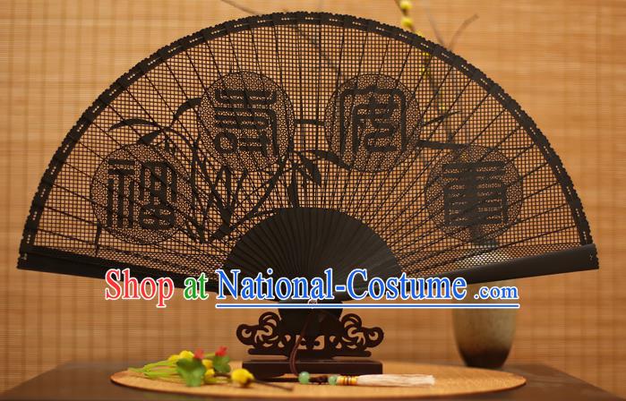 Traditional Chinese Crafts Black Sandalwood Folding Fan, Chinese Hollow Out Fans Bamboo Fans for Women