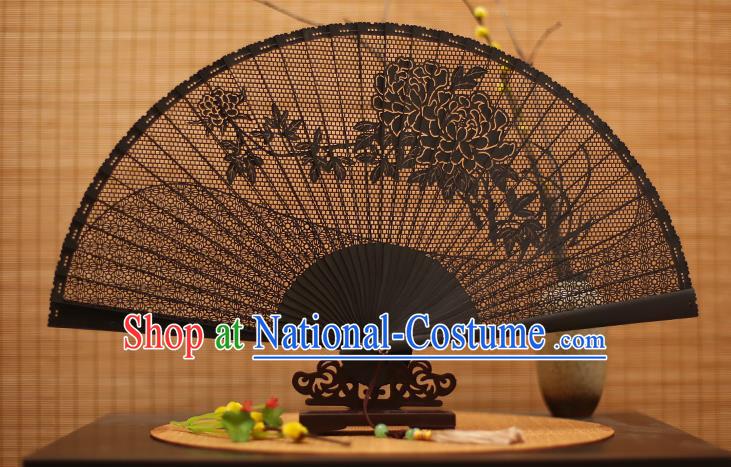 Traditional Chinese Crafts Black Sandalwood Folding Fan, Chinese Hollow Out Peony Fans Bamboo Fans for Women