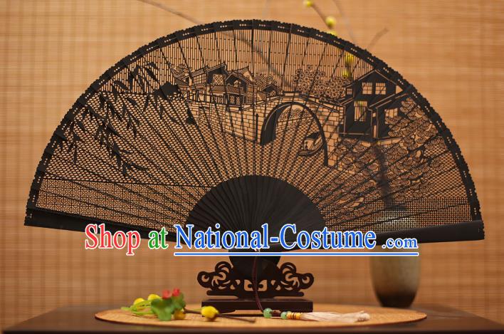 Traditional Chinese Crafts Black Sandalwood Folding Fan, Chinese Hollow Out Bridge Fans Bamboo Fans for Women