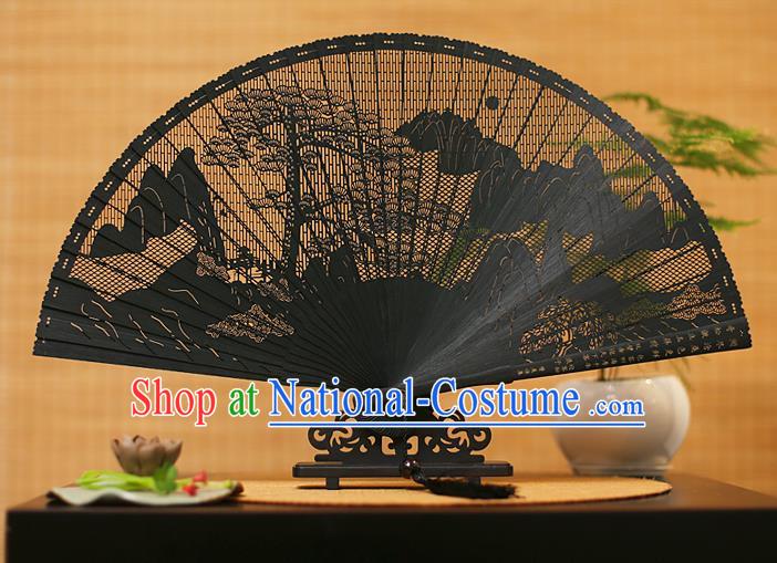 Traditional Chinese Crafts Black Sandalwood Folding Fan, Chinese Hollow Out Pine Fans Bamboo Fans for Women