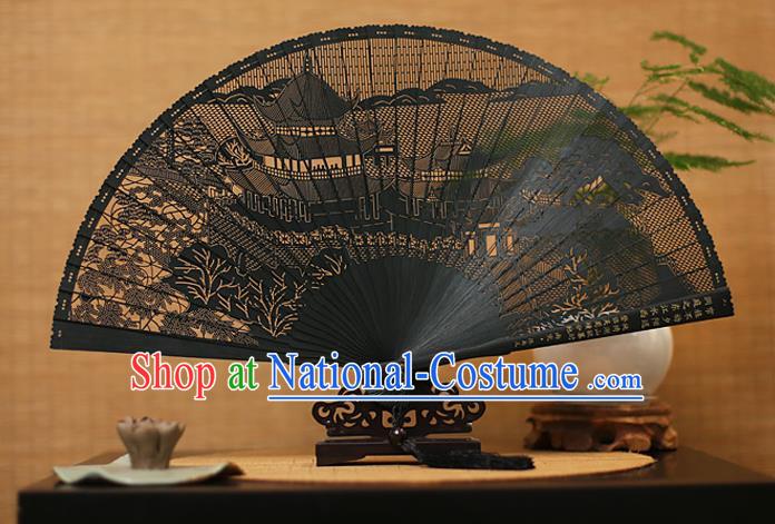 Traditional Chinese Crafts Black Sandalwood Folding Fan, Chinese Hollow Out Palace Fans Bamboo Fans for Women