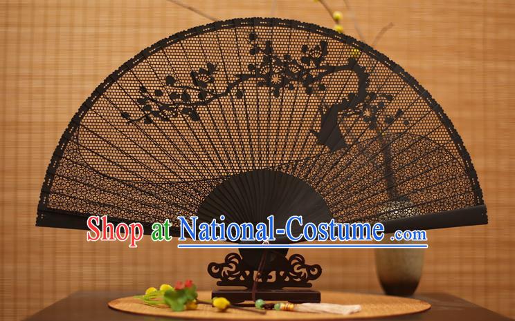 Traditional Chinese Crafts Black Sandalwood Folding Fan, Chinese Hollow Out Wintersweet Fans Bamboo Fans for Women