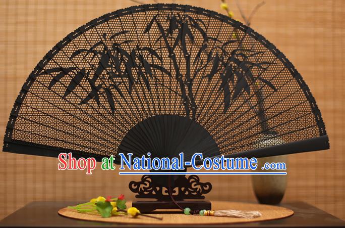 Traditional Chinese Crafts Black Sandalwood Folding Fan, Chinese Hollow Out Bamboo Fans Bamboo Fans for Women