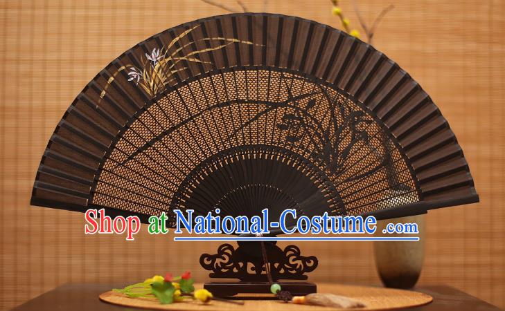 Traditional Chinese Crafts Black Sandalwood Folding Fan, Chinese Hollow Out Orchid Fans Bamboo Fans for Women