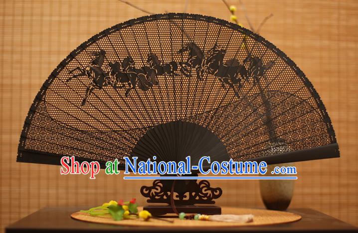 Traditional Chinese Crafts Black Sandalwood Folding Fan, Chinese Hollow Out Horse Fans Bamboo Fans for Women