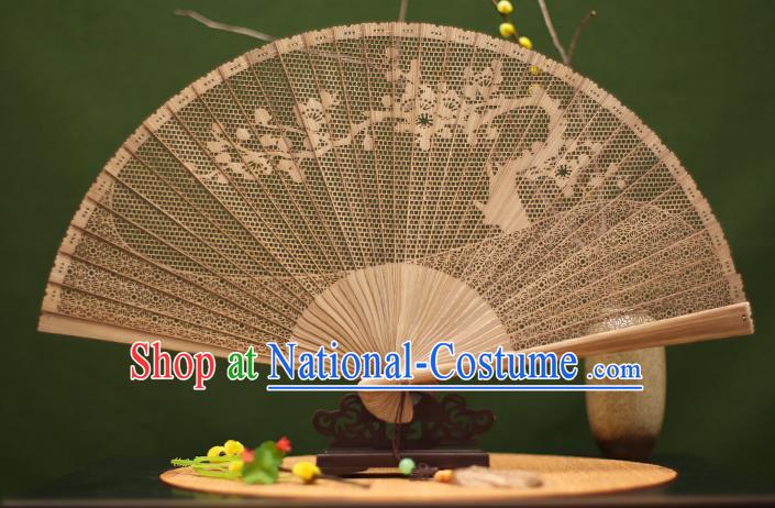 Traditional Chinese Crafts Sandalwood Folding Fan, Chinese Hollow Out Wintersweet Fans Bamboo Fans for Women