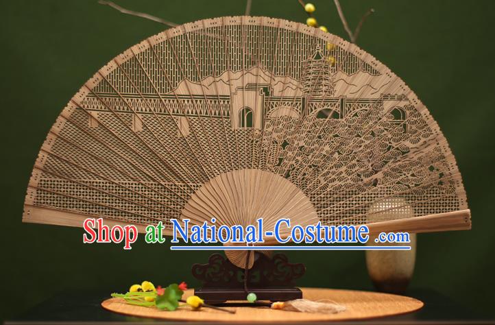 Traditional Chinese Crafts Sandalwood Folding Fan, Chinese Hollow Out Leifeng Pagoda Bamboo Fans for Women