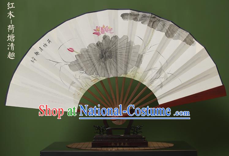 Traditional Chinese Crafts Ink Painting Lotus Folding Fan, China Handmade Xuan Paper Fans for Men