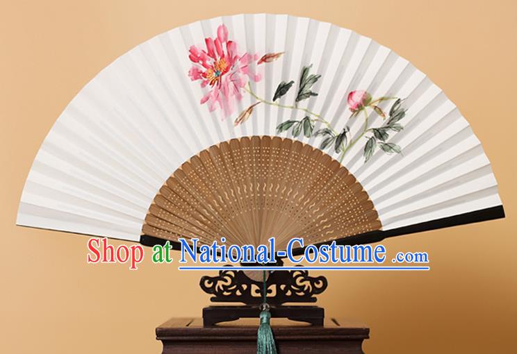 Traditional Chinese Crafts Ink Painting Peony Folding Fan, China Handmade Xuan Paper Fans for Men