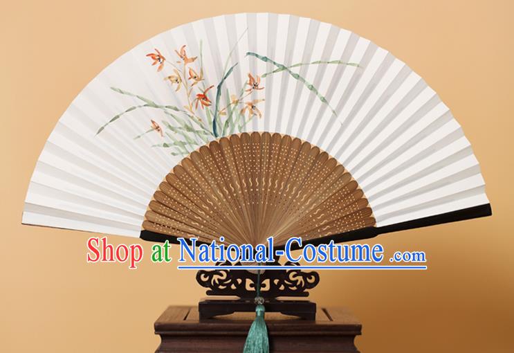 Traditional Chinese Crafts Hand Painting Orchid Folding Fan, China Handmade Xuan Paper Fans for Men